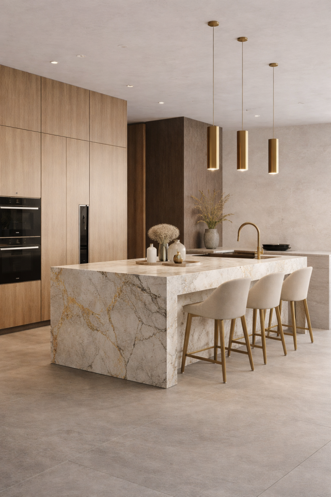 Cuisine design haut de gamme avec îlot central en marbre, tabourets élégants et finitions bois contemporaines