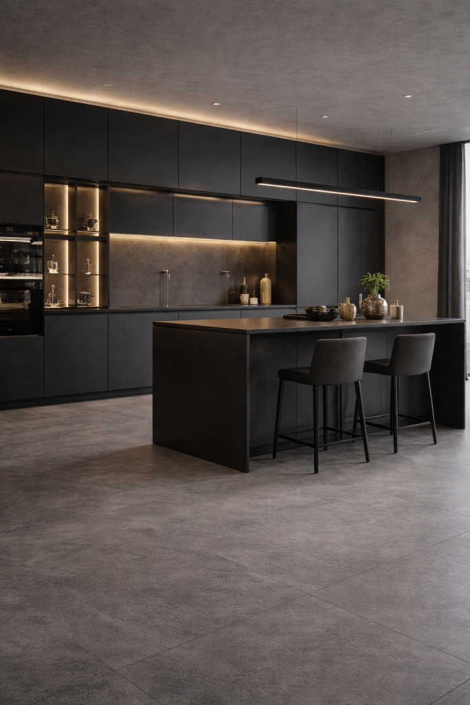 Cuisine noire design avec îlot central premium