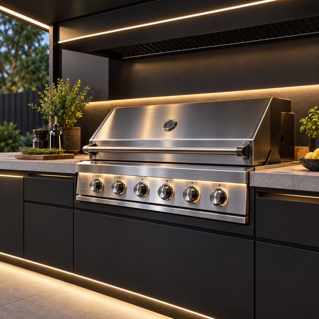 Barbecue exterieur luxueux sous eclairage chaleureux