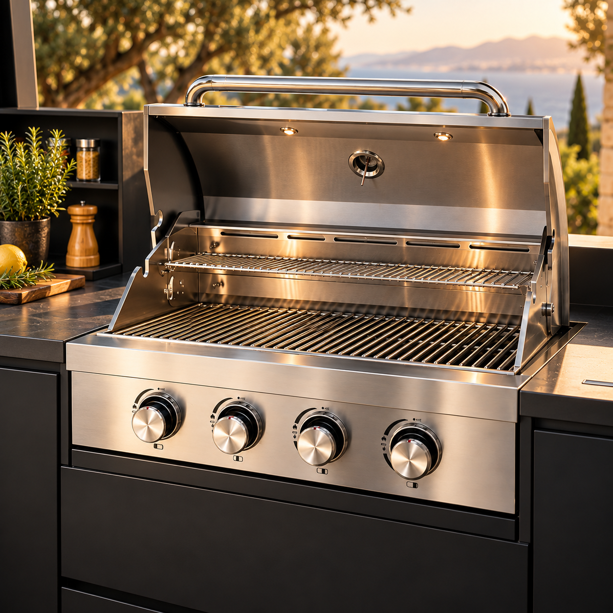 Barbecue inox de luxe au coucher du soleil 1