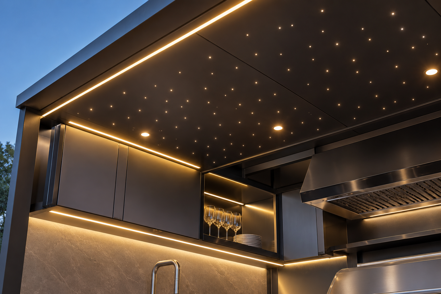 Cuisine exterieure contemporaine sous ciel etoile