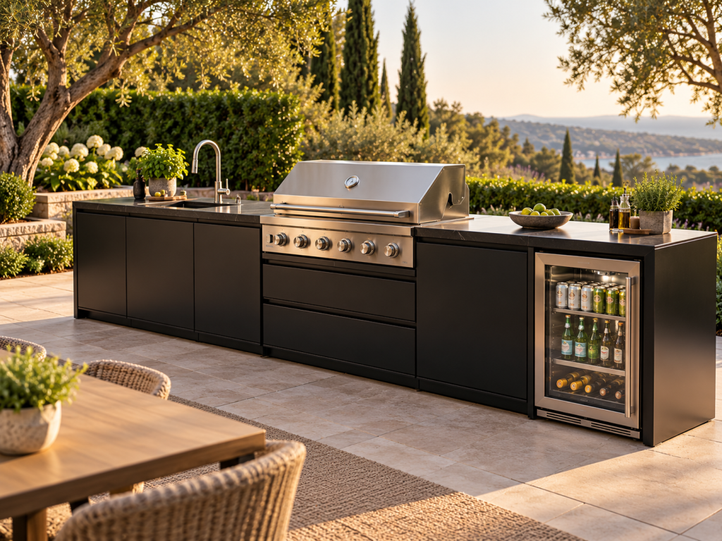 Cuisine exterieure elegante au coucher du soleil