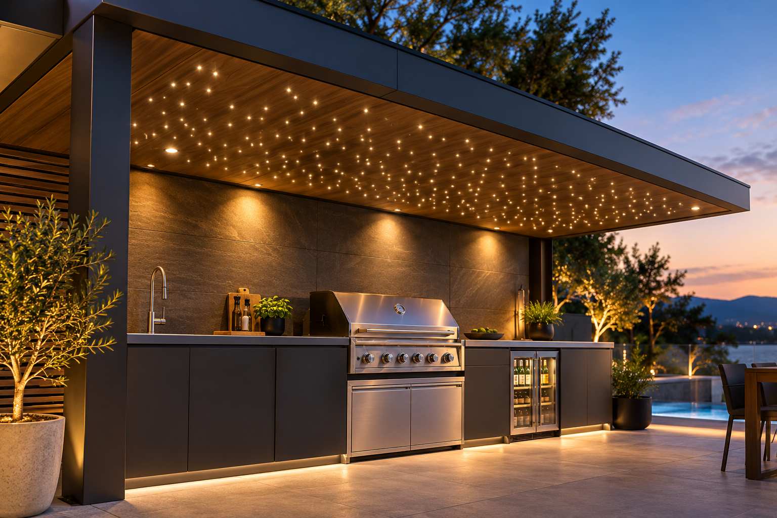 Plafond étoilé LED – Option cuisine extérieure 1 Cuisine exterieure etoilee au crepuscule