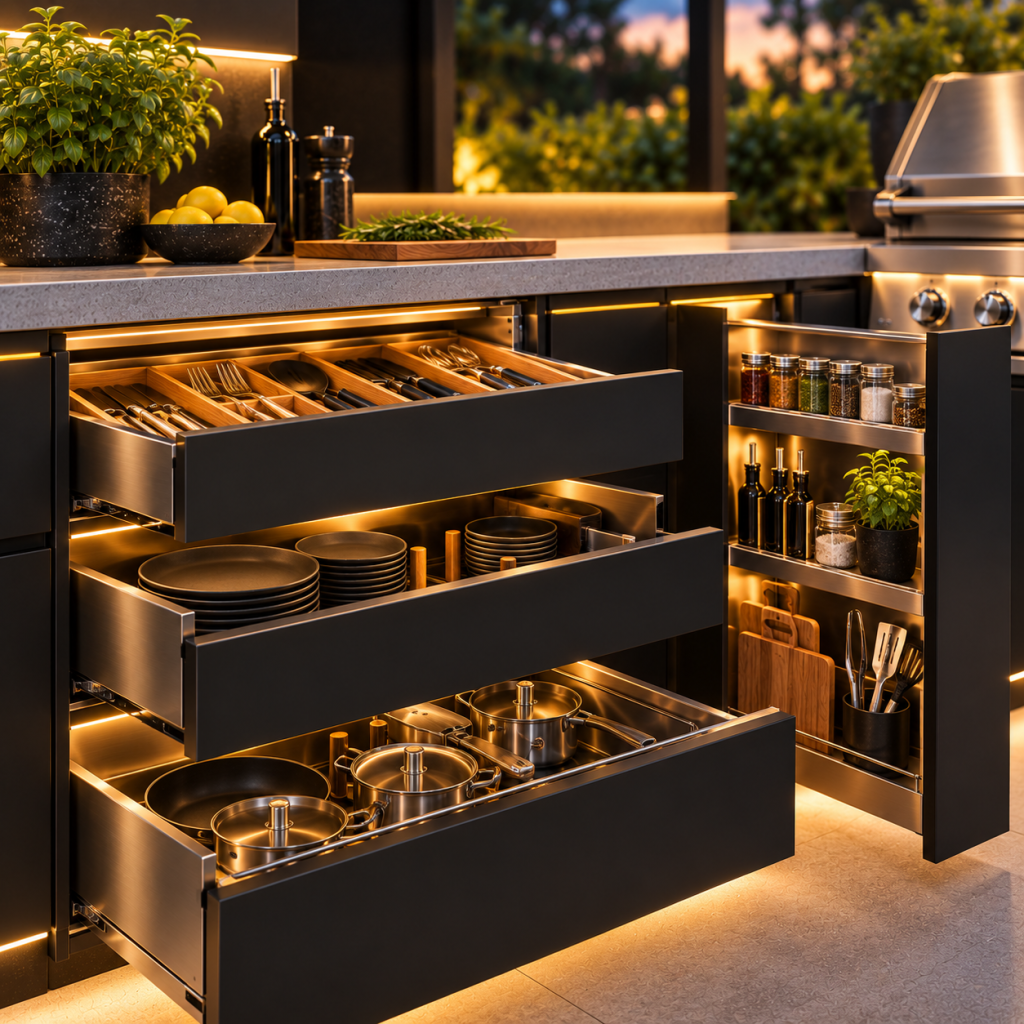 Cuisine exterieure luxueuse eclairee au crepuscule