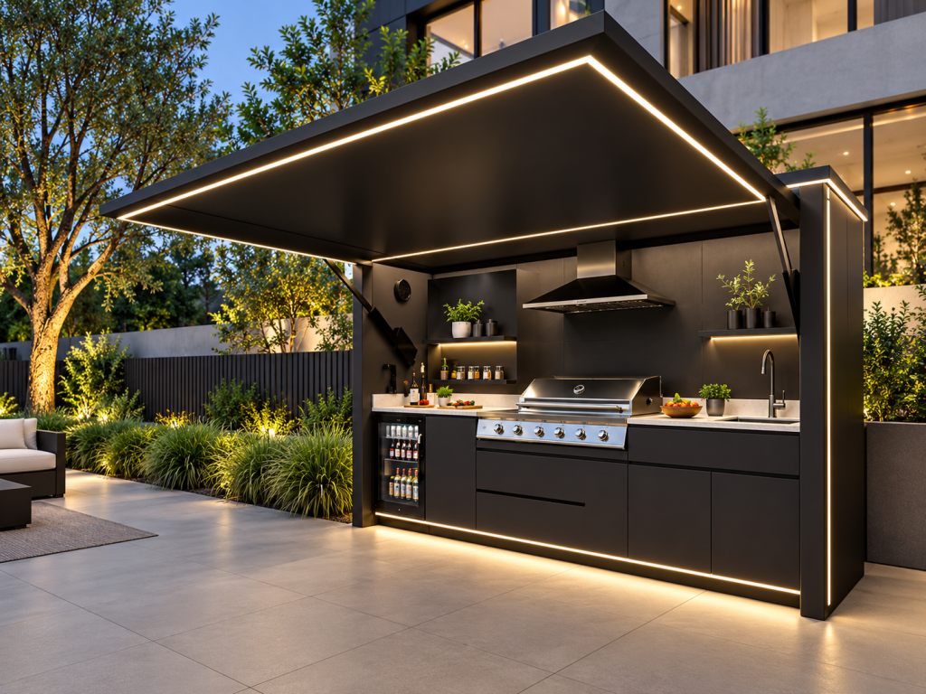 Cuisine exterieure noire au crepuscule